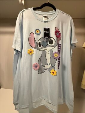 Women’s Disney Stitch Light Blue T-Shirt with Floral Appliqué